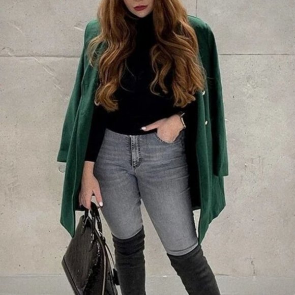 Double Breasted Lapel Collar Button Up pocketed Overcoat GREEN - Picture 2 of 8